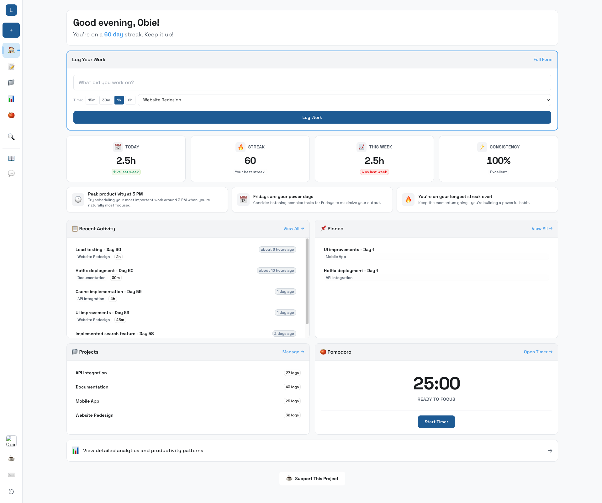 LogYourWork dashboard