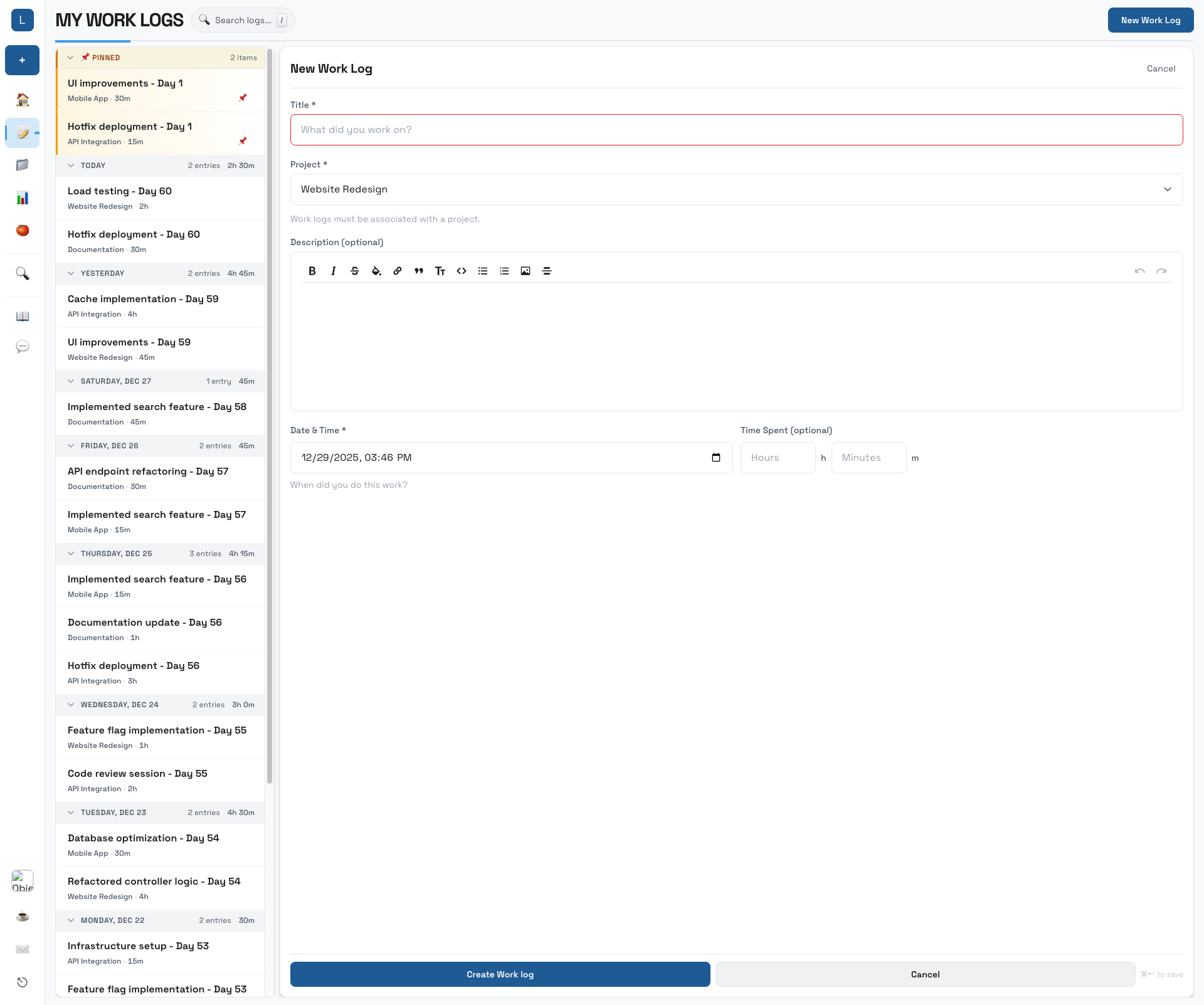 LogYourWork entries view